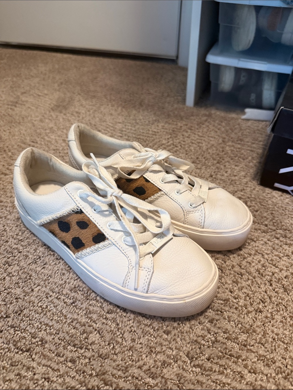 UGG White Leather Sneakers with Leopard Panel